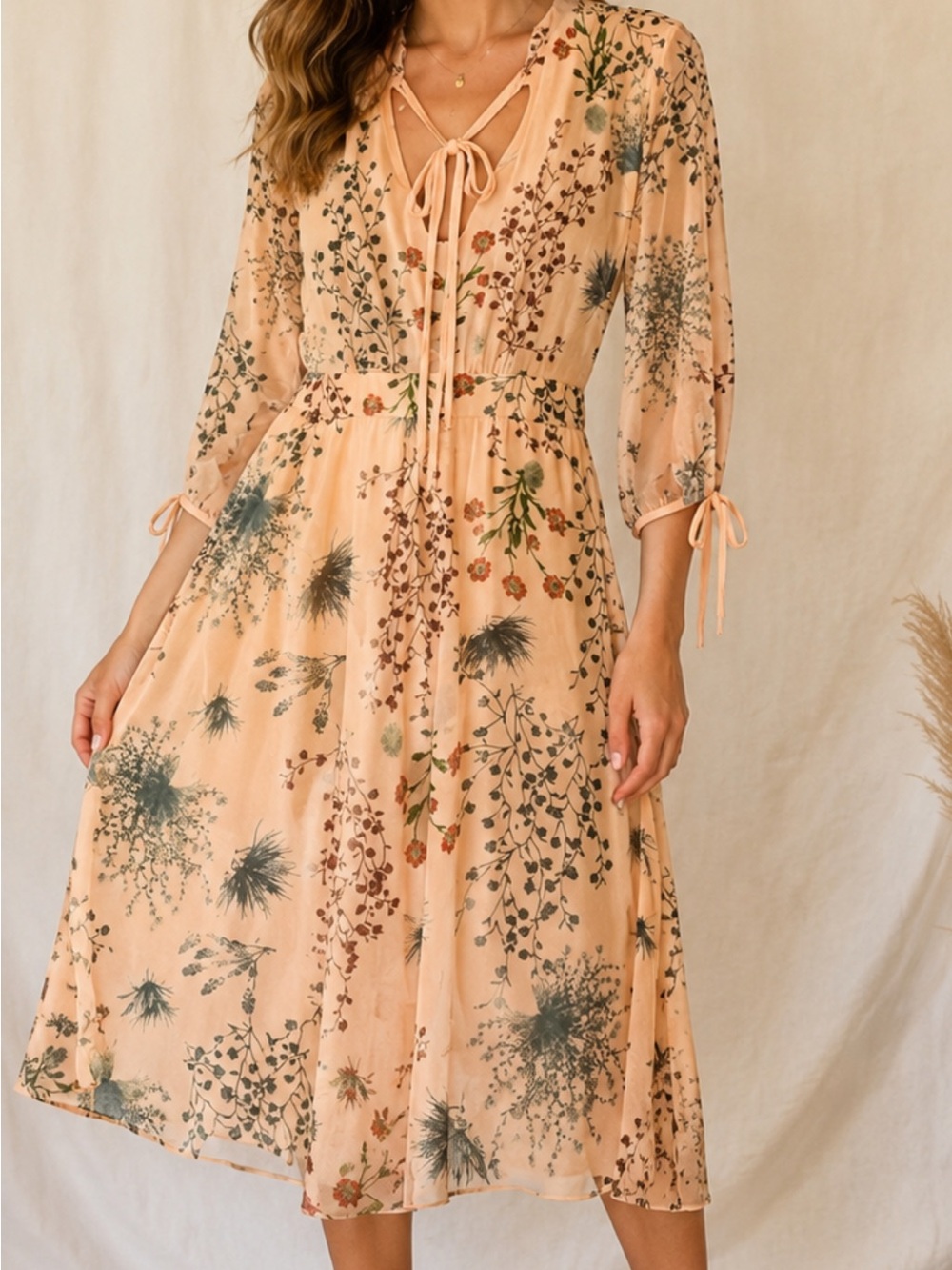 Zara Peach Floral Midi Dress with Tie-Neck